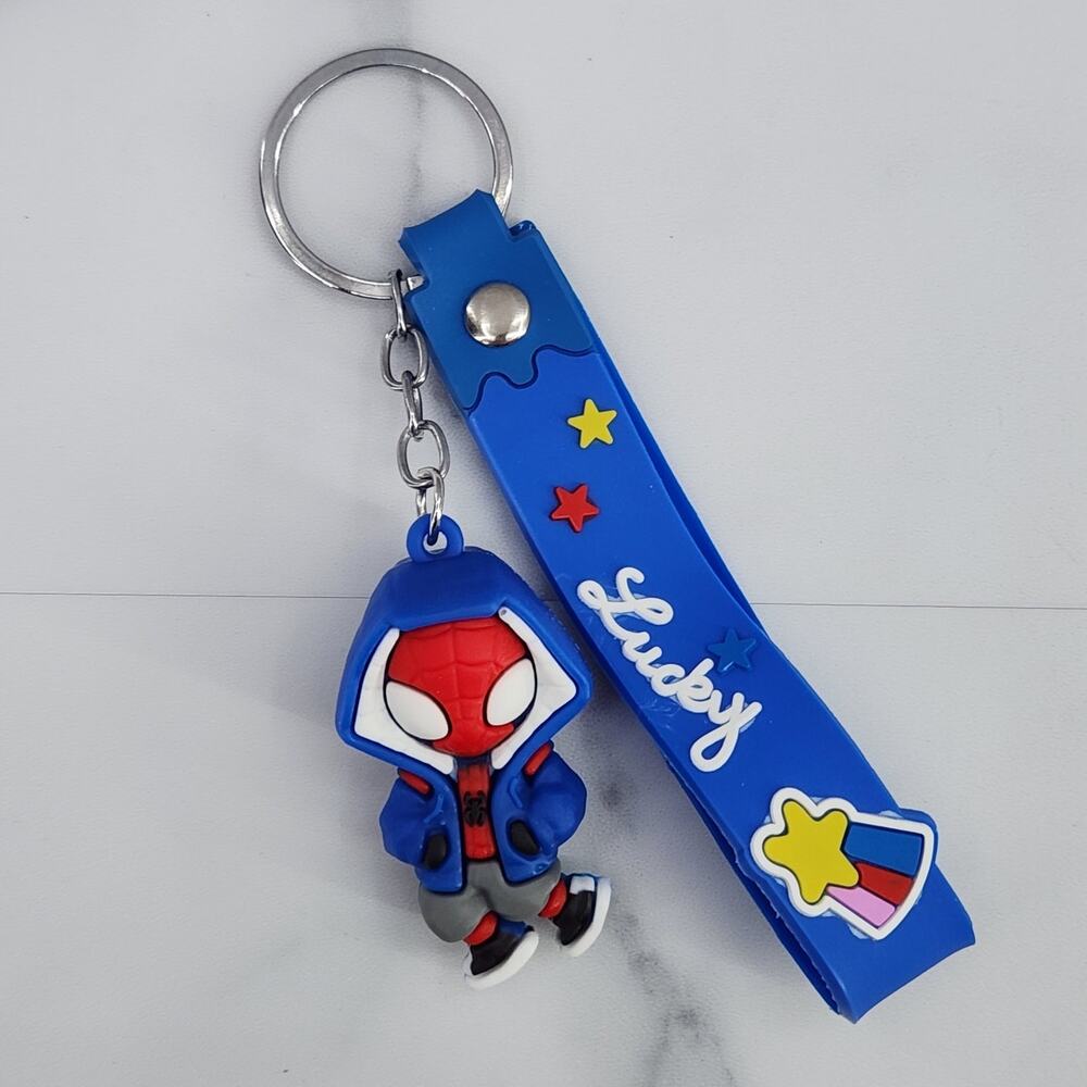 NEW Marvel Spider-Man Keychain PVC Figure Strap Key Ring Bag Charm Blue Hoodie